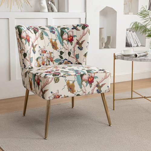 Armless Accent Chair with Gold Metal Legs, Modern Comfy Tufted Living Room Chair, Velvet Upholstered Floral Side Chair, Mid Century Slipper Chair for Bedroom, Flower Print, Blue