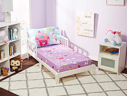 EVERYDAY KIDS 3-Piece Toddler Fitted Sheet, Flat Sheet and Pillowcase Set - Princess Storyland - Soft Breathable Microfiber Girls Toddler Sheets Set - Toddler Bed Sheets