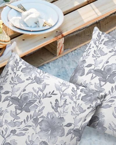 ALAGEO Outdoor Waterproof Pillow Covers for Patio Furniture Watercolor Flower Decorative Throw Pillow Cover Gray Floral Plant Pillowcases Set of 2 Cushion Case for Sofa Couch Home Decor 26x26 inch