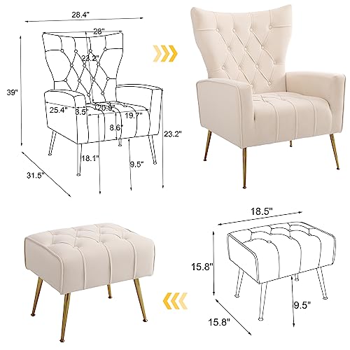 ODUWA Velvet Accent Chair with Ottoman,Modern Accent Chairs with Armrests and Backrest,Button Tufted Chair,Single Recliner Armchair with Ottoman for Living Room Bedroom Office