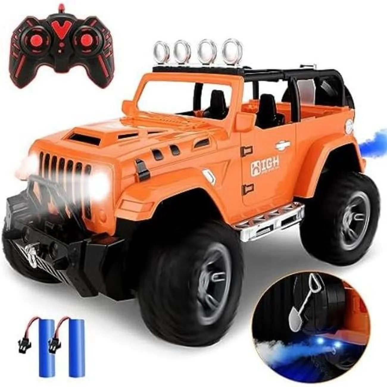 UNO1RC  1-16 Scale Remote Control Car with 2 Batteries, 80 Mins Play & 2.4GHz Off Road Spray Engine Sound LED Light RC Monster Truck for Boys, Orange