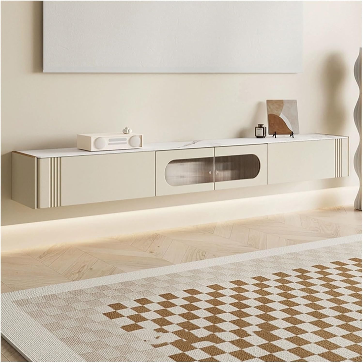 Television Stands Modern Floating TV Cabinet with Door and 2 Drawers, Narrow TV Stand Shelf Wall-Mounted Floating Stand for TVs, 78.7 Inch, Cream White Floating TV Console