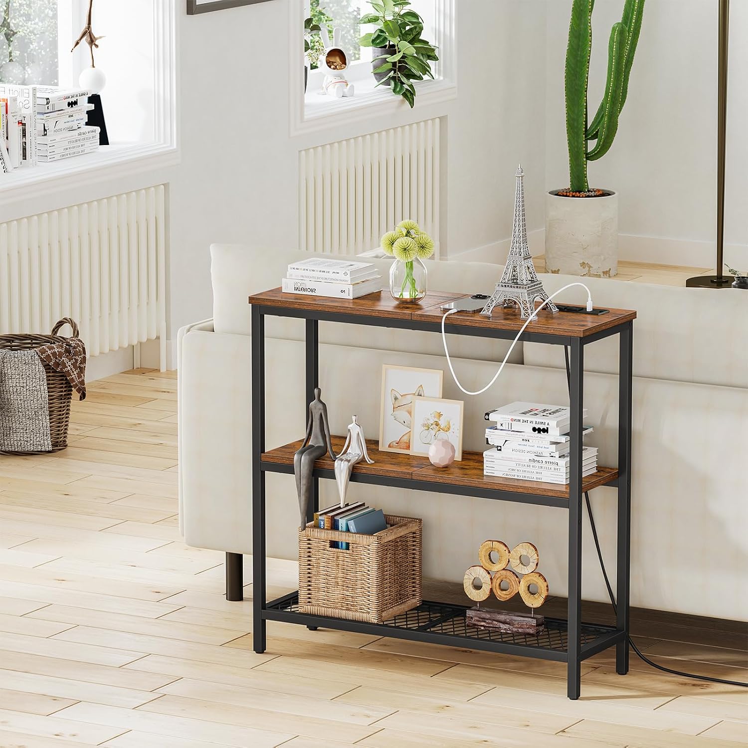 Snughome Console Table with Power Outlets, Entryway Table with Storage and Desk Shelf, Desk Hutch for Computer Monitor Stands, 38.6