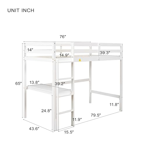 Wood Loft Bed Twin Size with Build-in Desk for Work Study Modern Loft Bed Frame with Ladder and Full-Length Guardrail, Wood Slat for Noise Reduce, No Box Spring Needed(White)