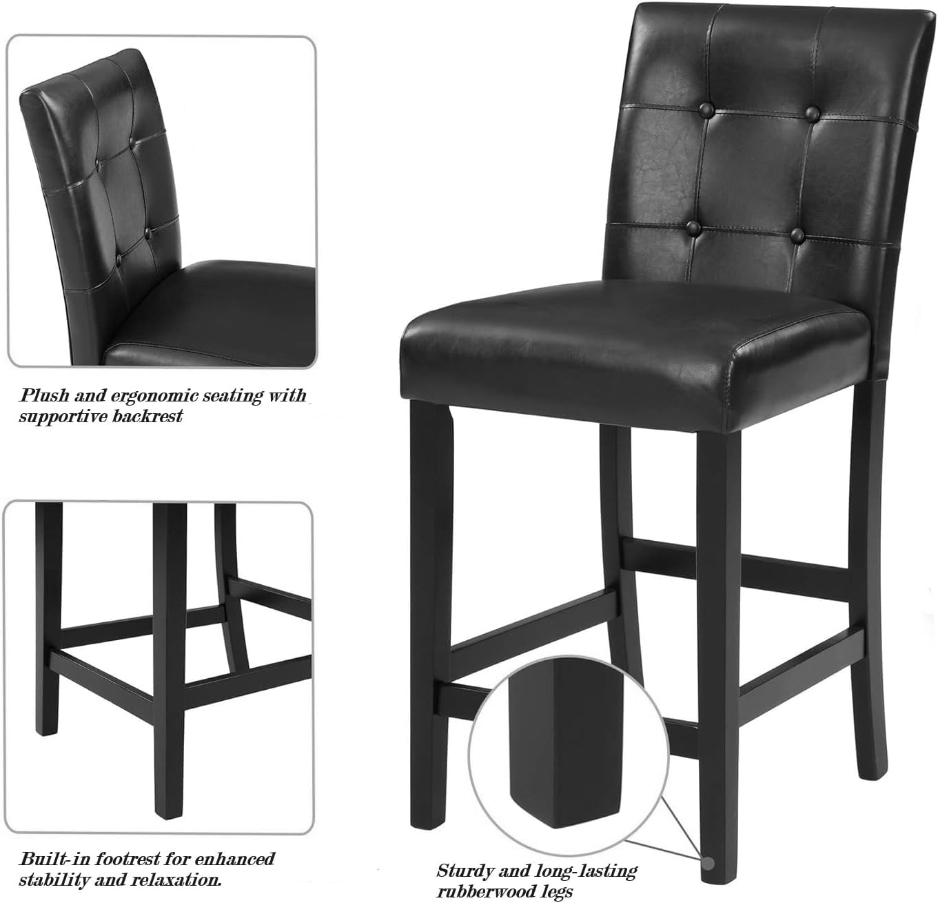 GTU Furniture Set of 2 Button Tufted Black PU Leather Dining Counter-Height Barstools/Chair with Black Wood Leg