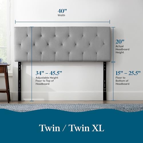 LUCID Mid-Rise Upholstered Headboard - Diamond Tufted - Padded Polyester - Adjustable Height from 34” to 46” - Easy Assembly - Bed Frame or Wall Mount - Sturdy - Stone - Full / Full XL Size