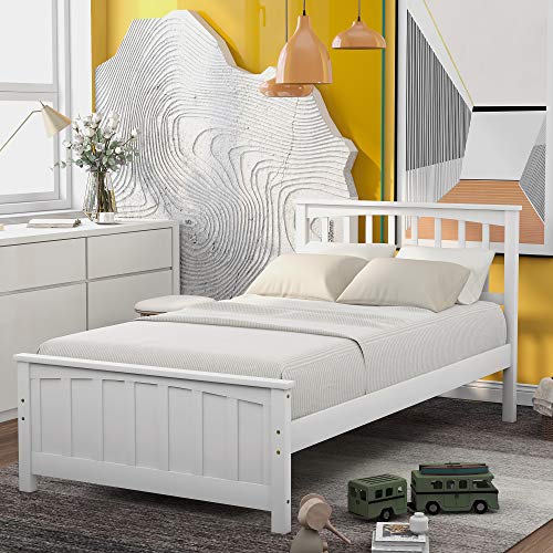 Harper & Bright Designs Twin Bed Frame Wood Slats Platform Twin Size Bed Frame with Headboard, No Box Spring Required Single Platform Bed Frame for Kids (Grey)
