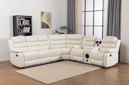 Faux Leather Living Room Set Modern Reclining Sectional Sofa with LED Light, USB Chargers, Sound System, 4Cup Holders, Hidden Storage-Brown