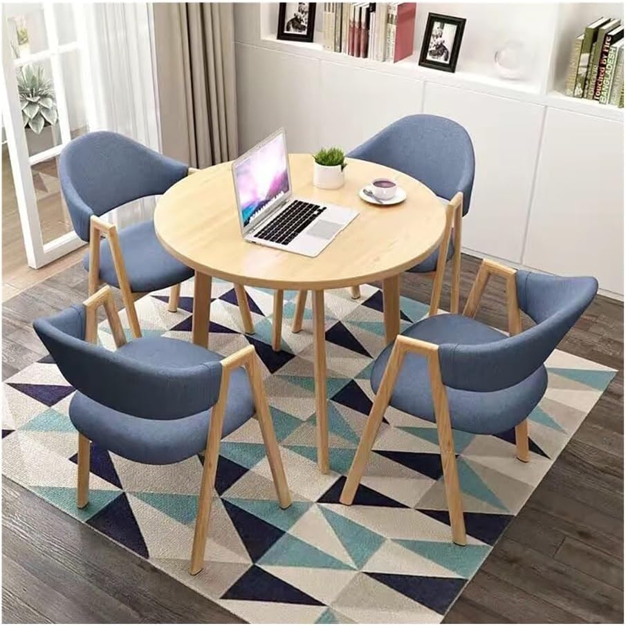 Round Dining Table Set for 4, Faux Marble Modern Kitchen Table and Chairs Set Modern Casual Coffee Table Set Meeting Spaces(Yellow,Dark Blue)