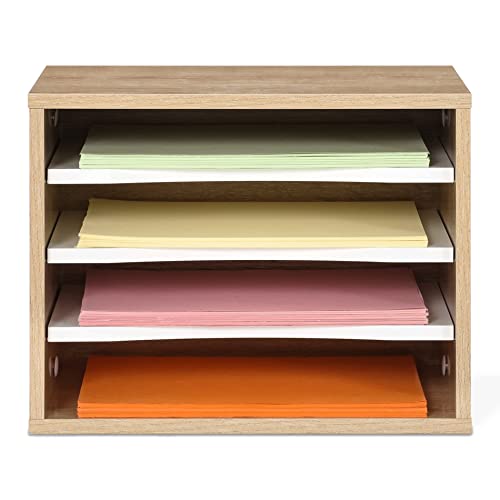 FITUEYES Wood Desk Paper Sorter Organizer with 4-Tier Storage, Desktop Paper File Holder Letter Tray for Home and Office, Light Wood, DO403506WO