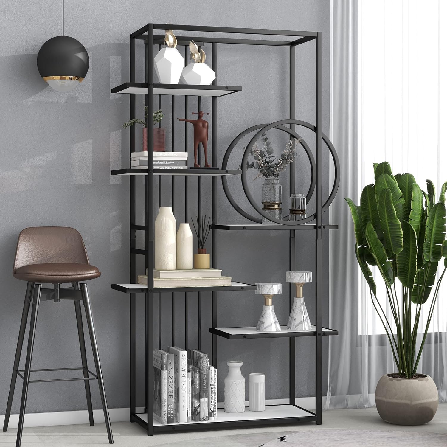 6-Tier Bookcase White Bookshelf, Modern Storage Display Shelf Rack, Metal Frame