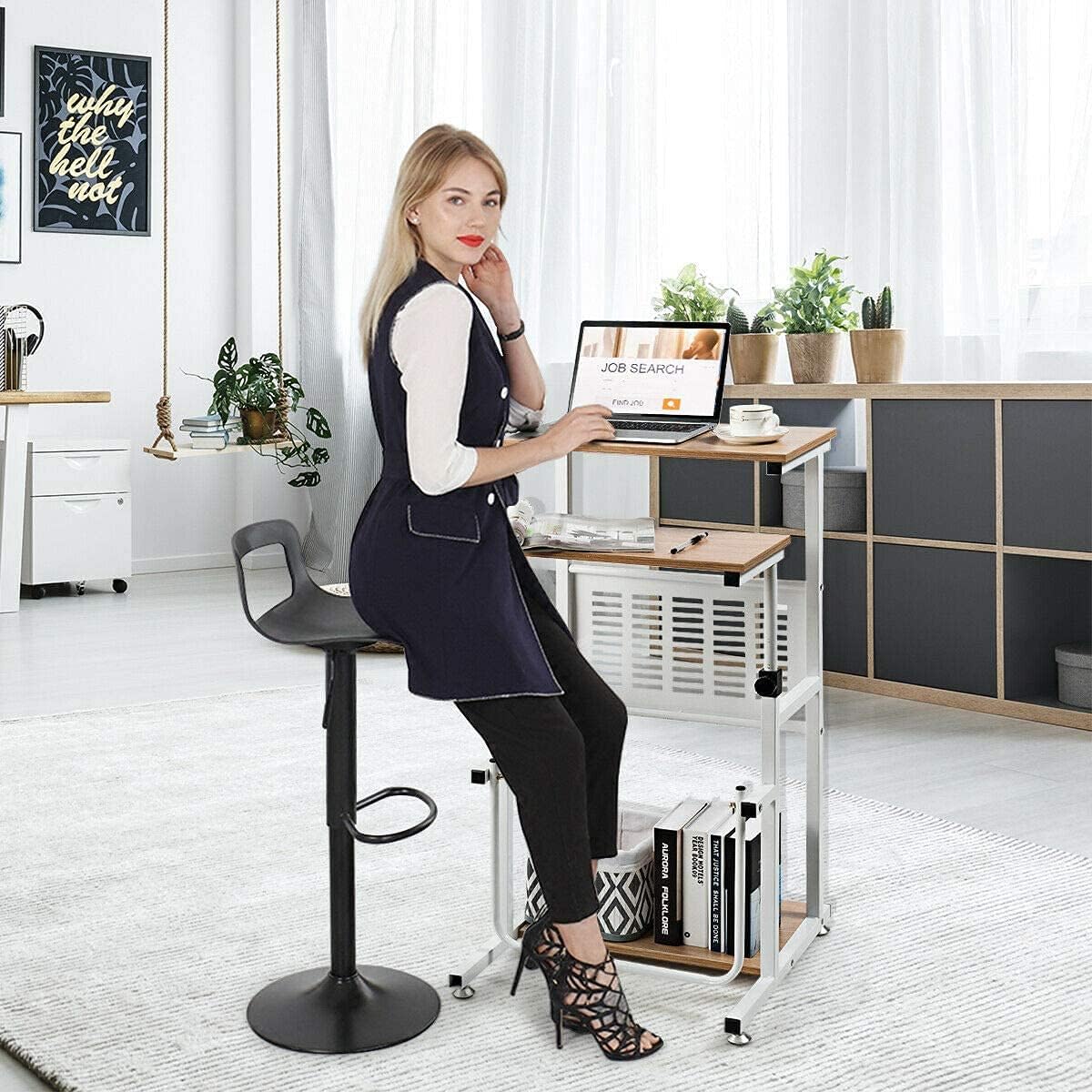 GRAFFY Height Adjustable Standing Desk, Laptop Desk with Footrest, Compact Standing Table with Storage Shelf, Lectern Podium for Presentation Use, Suitable for Sitting or Standing