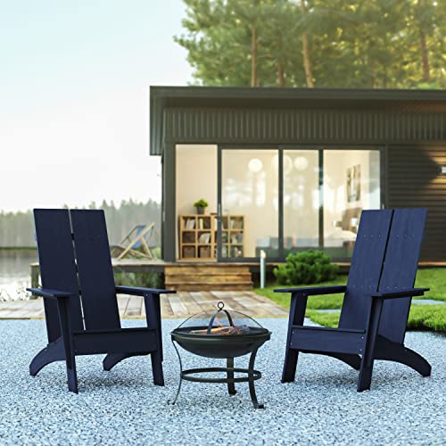 Flash Furniture Finn Modern Adirondack Rocking Chairs All-Weather Poly Resin Wood-22 Round Fire Pit Includes Spark Screen, Rack, & Poker, 2 Pack, White