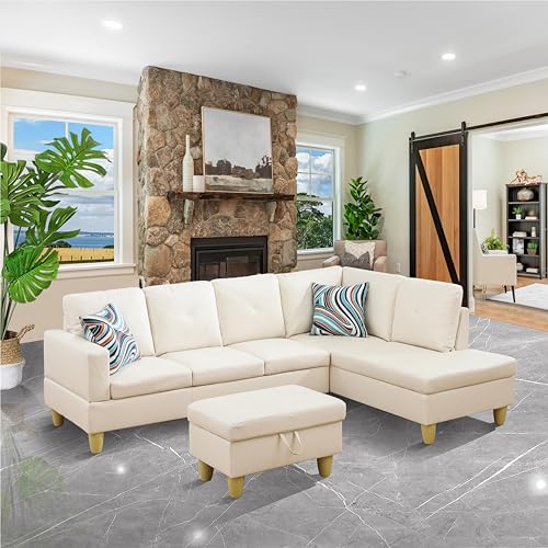 2-Piece Faux Leather Sectional Couch, Upholstered Modular Corner Sofas with Storage Ottoman & Chaise Lounge, 4 Seater Deep Seat w/Right Armrest, Large L-Shaped Living Room Sets (Dark Grey)