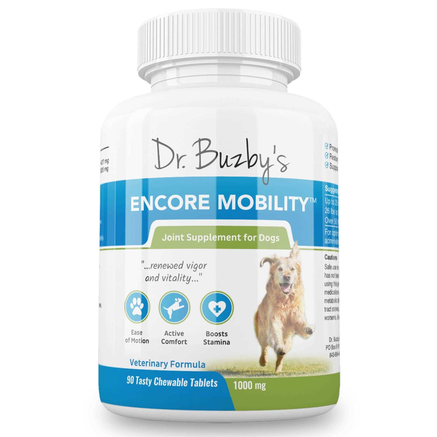 Dr. Buzby's Encore Mobility Hip & Joint Supplement for Senior Dogs, 90 Chewable Tablets, Natural New Zealand Deer Velvet and Green Lipped Mussel - Pet Supplies online store