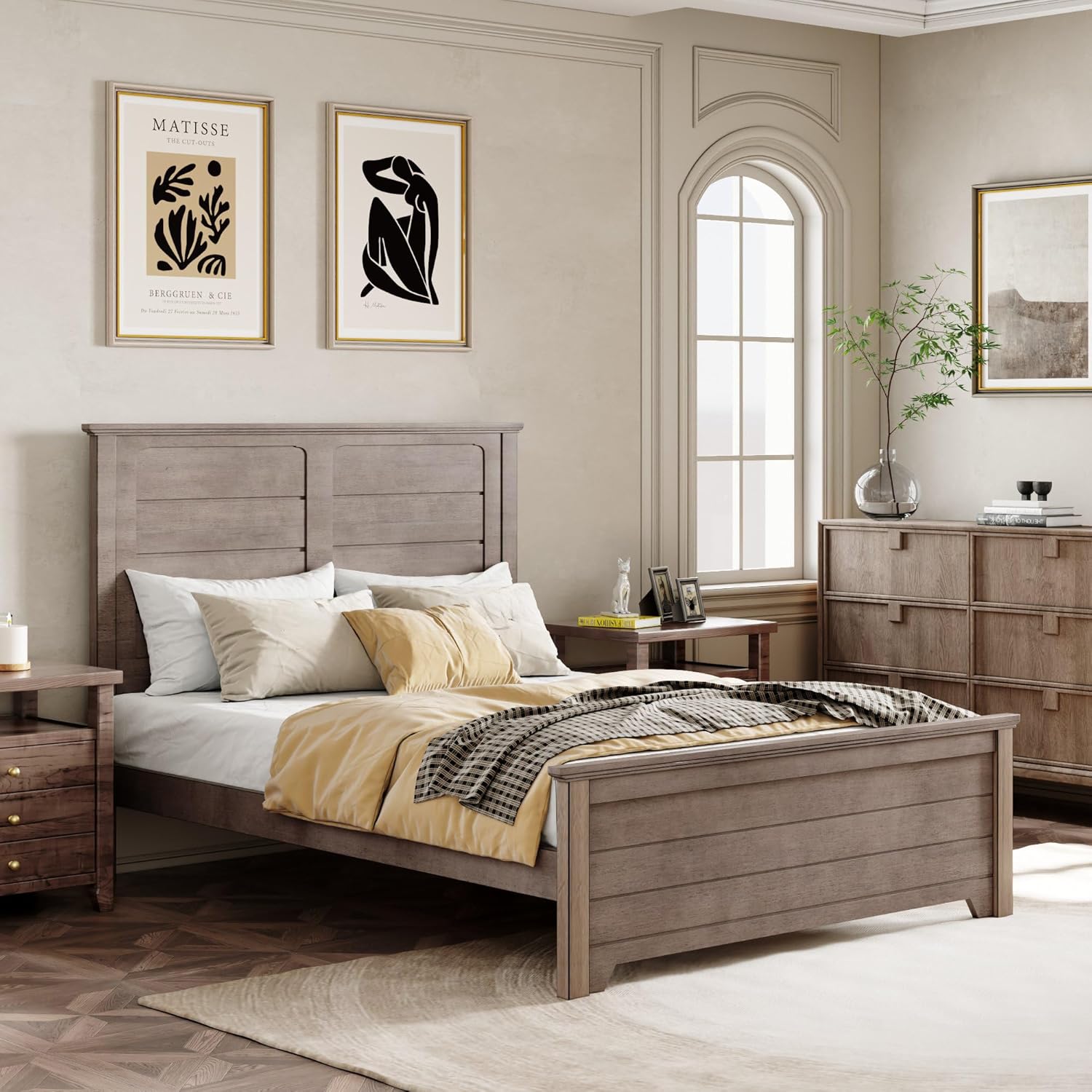 Farmhouse Style Full Size Platform Bed with Panel Design High Headboard and Footboard,Wood Bed Frame with Wood Slats Support,No Box Spring Needed, Easy Assembly