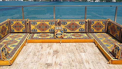 Yellow U Shaped Futon Sofa Bed, Corner Floor Couch, Sectional Sofas, Yoga Sofa Sets, Handmade Living Room Furniture (U Sofa + Rug + Ottoman)