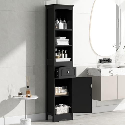 Tall Bathroom Cabinet,Narrow Storage Cabinet,Wooden Bathroom Cupboard with Door and Adjustable Shelf,Three Tier Shelves,Tall Slim Cabinet,Free Standing Linen Tower (Grey)