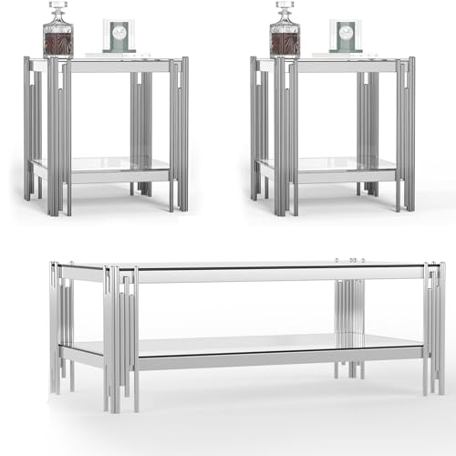 3 Pieces Glass Living Room Table Set, Glass Coffee Table with 2 End Side Table, Modern Glass Coffee Table Set with Silver Stainless Steel Frame for Apartment Living Room Home Office