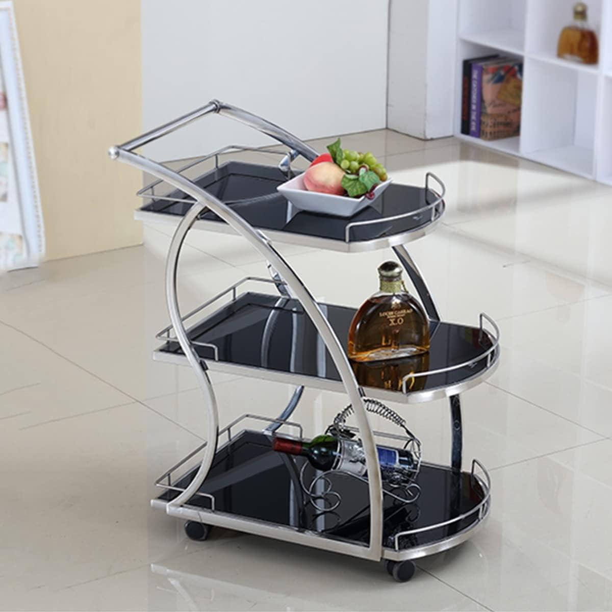 3-Tier Serving Cart for Wine Drinks Tea,Storage Trolley On Wheels,Glass Shelves Space-Saving Trolley for Dining Room Hotel KTV