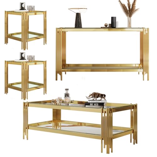 Glass Coffee Table Set of 2 for Living Room, Modern Design Living Room Tables Set, Rectangle Coffee Table and Console Table Sets, Stainless Steel Legs (Clear Gold, Coffee Table,Console Table)