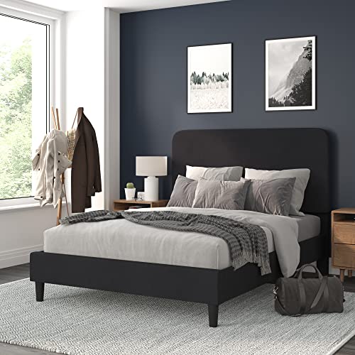 Flash Furniture Addison Platform Bed - Charcoal Fabric Upholstery - Full - Headboard with Rounded Edges - Wood Slat Support - No Box Spring or Foundation Needed