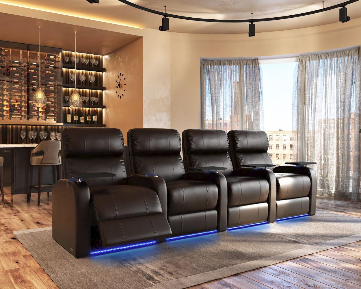Octane Seating Diesel XS950 Theater Seats Brown Top-Grain Leather - Accessory Dock - Power Recline - Space Saving Design - Lighted Cup Holders & Baserail - Memory Foam - Straight Row of 4 Chairs