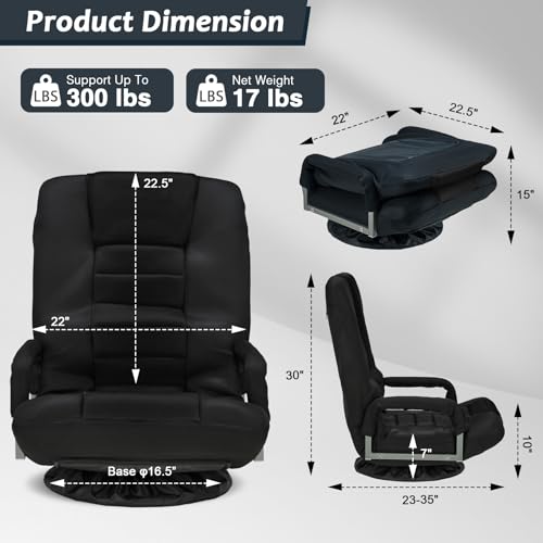 360 Degree Multipurpose Swivel Chair，Adjustable 6 Positions Backrest with Armrest，Folding Floor Chairs for Reading, Relaxing, Mediation,Black