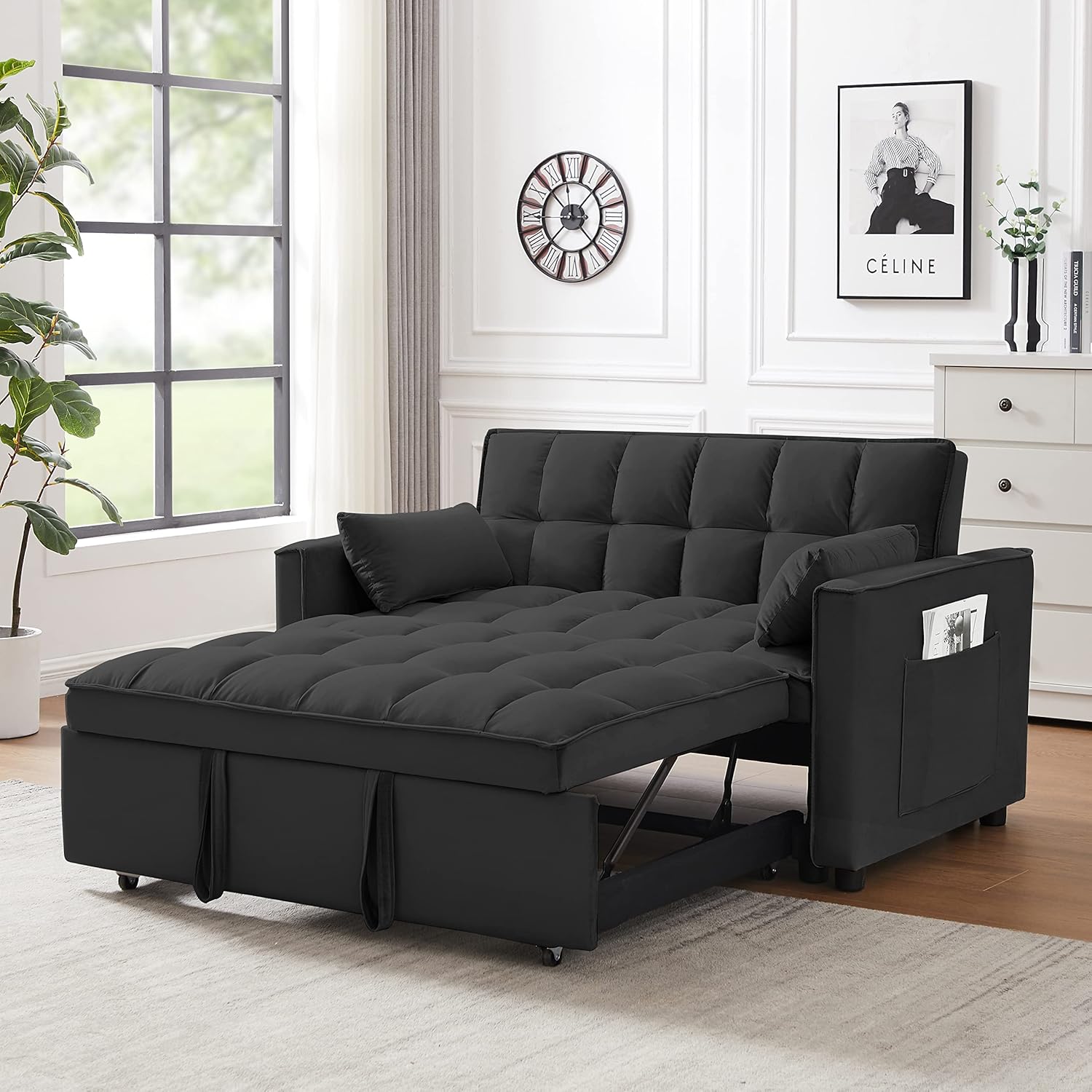 4 in 1 Multi-Functional Sleeper Sofa Pull-Out Bed with Adjustable Backrest, 55-in Modern Velvet Loveseat Futon Couch w/Pillows & Side Pockets for Living Room, Convertible Lounge Chaise (Black)