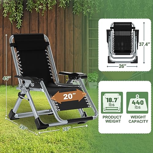 Zero Gravity Chair Reclining Lounge Chair Patio Chairs, Adjustable Lawn Recliner Folding Lounge Recliners with Removable Cushion, Headrest & Cup Holder, Reclining Chair for Indoor and Outdoor