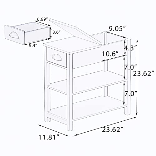 INMOZATA Side Table/Nightstand/End Table, Bedside Table with Flip Top and 2 Storage Shelves, Narrow Side End Table for Small Spaces, Living Room, Bedroom,White