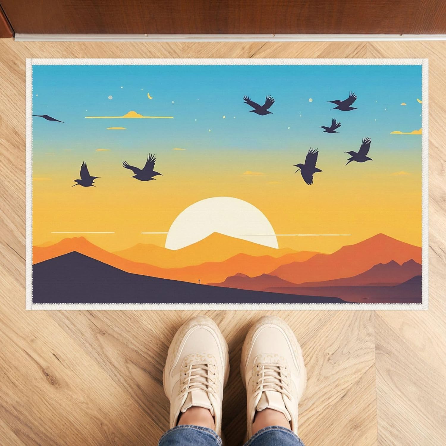 Fall Vintage Home Entrance Mat Deco for Garden Porch Home Kitchen Bathroom, Flying Birds At Sunset Vector Background with Silhouettes of Mountains and Sky Mat 19.7x31.5inch Autumn Door Mat