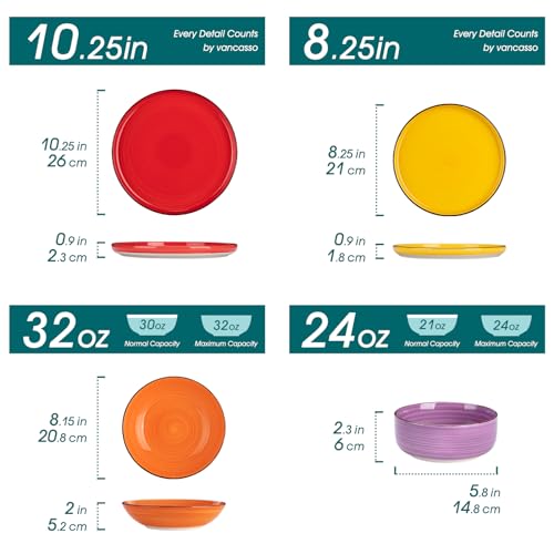 vancasso Bonita Dinnerware Sets 24 Pieces, Stoneware Dishes Set for 6, Dinner Platers with Bowls Set, Large Pasta Soup Bowls Serving Set, Dinshwasher and Microwave Safe, Multicolor