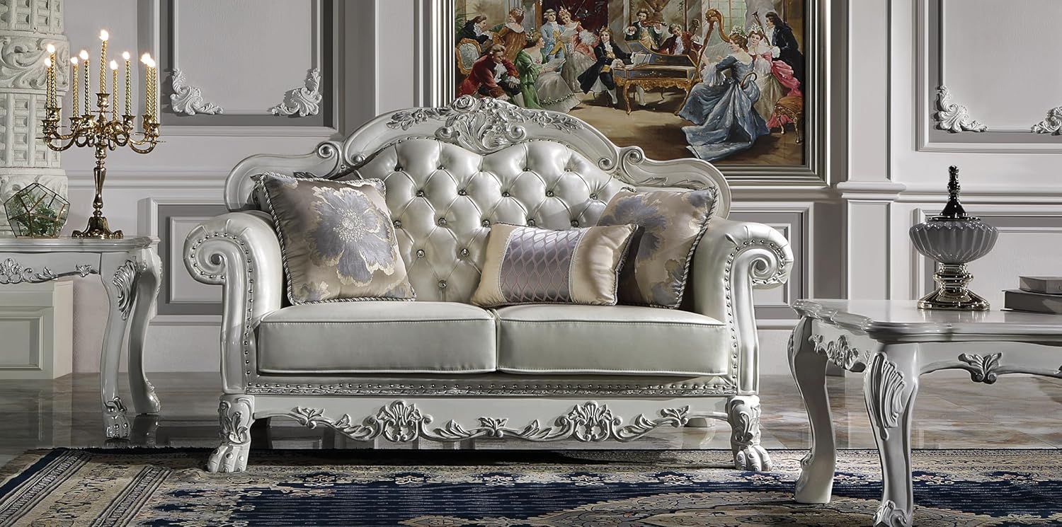 Acme Furniture Dresden Upholstered Faux Leather Loveseat with 3 Pillows in White