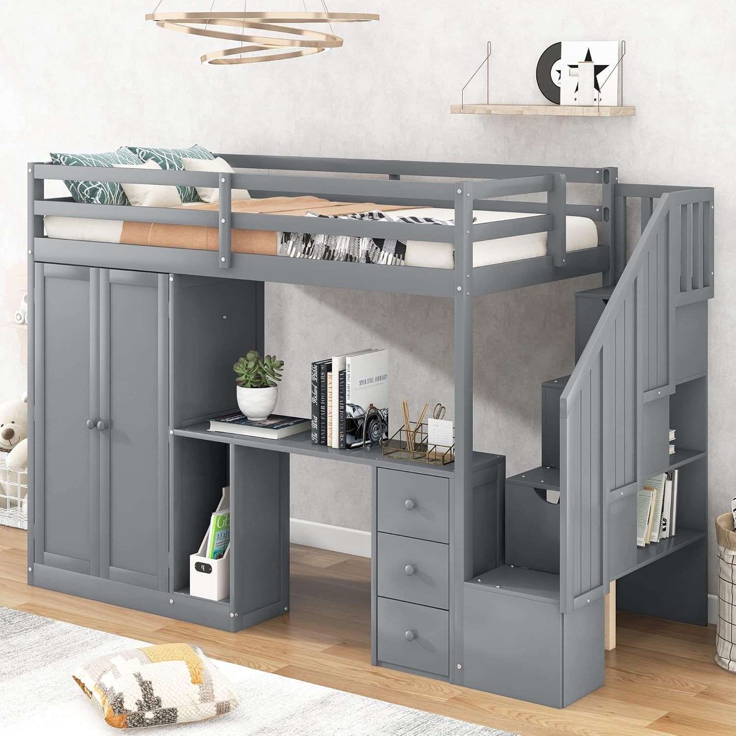 Twin Size Loft Bed with Wardrobe Desk Storage Drawers and Cabinet Gray Color Grey Modern Contemporary Tv-Movie Character Pine Wood Finish Hidden Includes Hardware