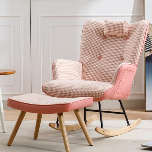 35.5” Nursery Rocking Chair Cotton Linen Upholstered Glider Chair with High Backrest Armchair for Living Room Bedroom Pink