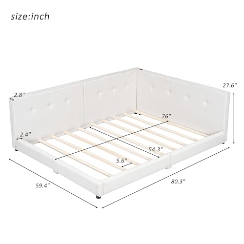 SOFTSEA Full Size Upholstered Floor Daybed, Modern L-Shaped Daybed Corner Bed with USB Ports, Linen Corner Sofa Bed Frame with Tufted Backrest for Kids Teens Adults, Beige