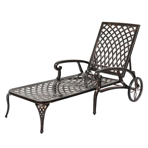 VINGLI Cast Aluminum Outdoor Chaise Lounge Chair with Wheels, Patio Chaise Lounge with 3-Position Adjustable Backrest, Outdoor Tanning Chair Patio Lounge Chair (Black, without cushion)