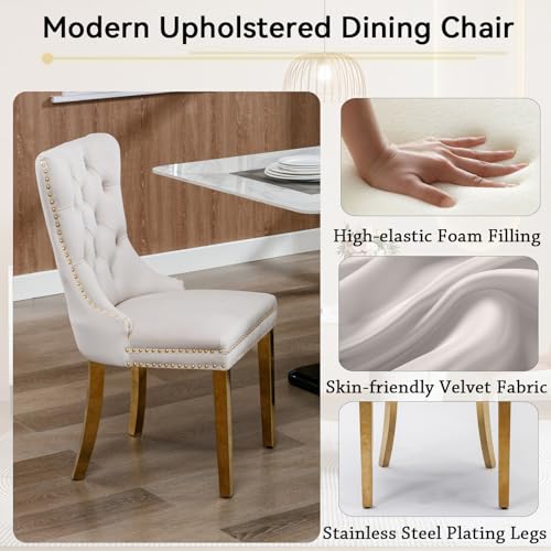 Henf White Marble Dining Table Set for 6, 7 Piece Modern Faux Marble Kitchen Dining Table and 6 Grey Velvet Upholstered Chairs w/Stainless Steel Legs, Luxury Gold Kitchen Dining Table and Chairs Set