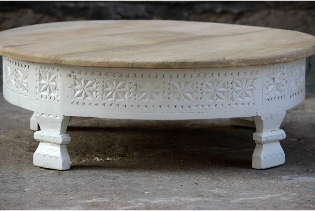 Hand Carved Handmade Wooden Round White Natural Top Coffee Table | Centre Table | Living Room Furniture | Home Decor | Solid Mango Wood | Indian Furniture | Custom Design