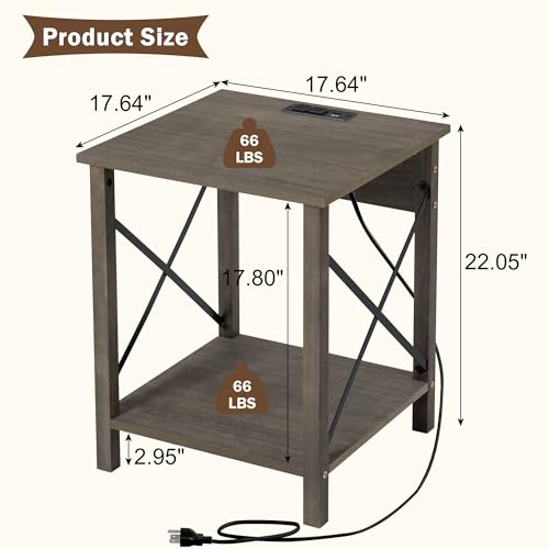 Farmhouse End Table for Living Room, 2 Tier Vintage Sofa Side Table with Charging Station and Storage Shlef, 17.7” Square Accent Entry Table for Small Space, Entryway, Bedroom (Rustic Brown)