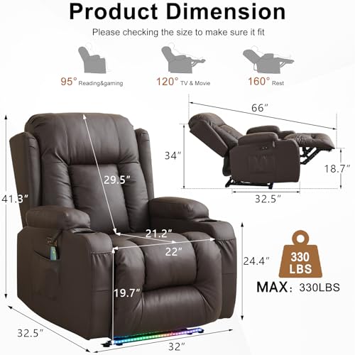 IPKIG Power Recliner Chair with Led Light - Faux Leather Overstuffed Home Theater Recliner w/Massage Heat/Lumbar Pillow/USB Port/Cup Holders/Side Pockets, Movie Gaming Reclining Chair (2 Sets, Brown)