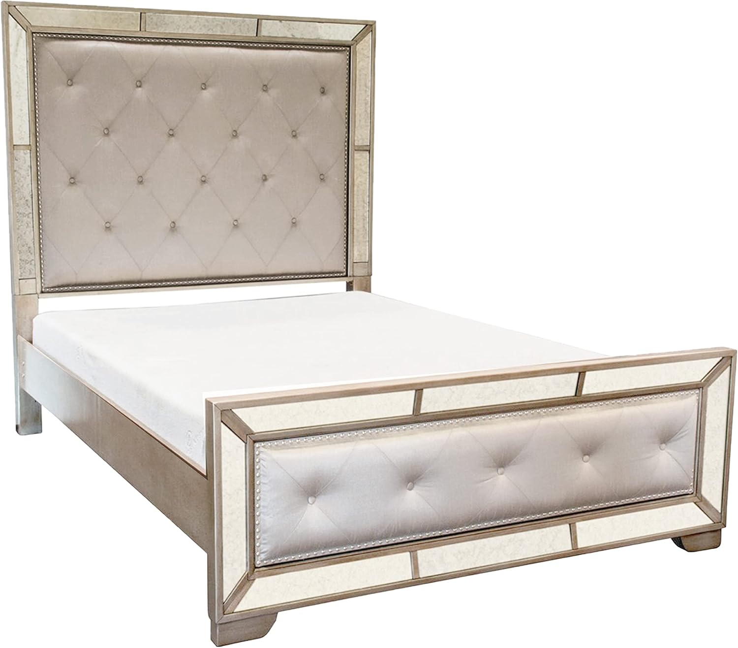 Best Master Furniture Ava Solid Wood Mirrored Eastern King Bed in Silver Bronze