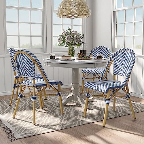 24/7 Shop at Home Analicia French Aluminum and All-Weather Wicker Side Chair for Outdoor Kitchen, Garden, Yard, Poolside, Set of 1, Blue and Natural Brown