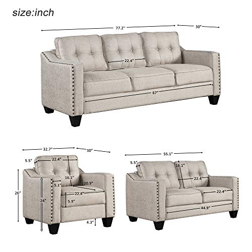 Knocbel Stylish 3-Piece Sofa Set Living Room Set with Tufted Cushions, Velvety Soft Linen Blend Fabric and Brass Nail Head Trip, Including 3-Seat Sofa, Loveseat and Accent Chair, Gray