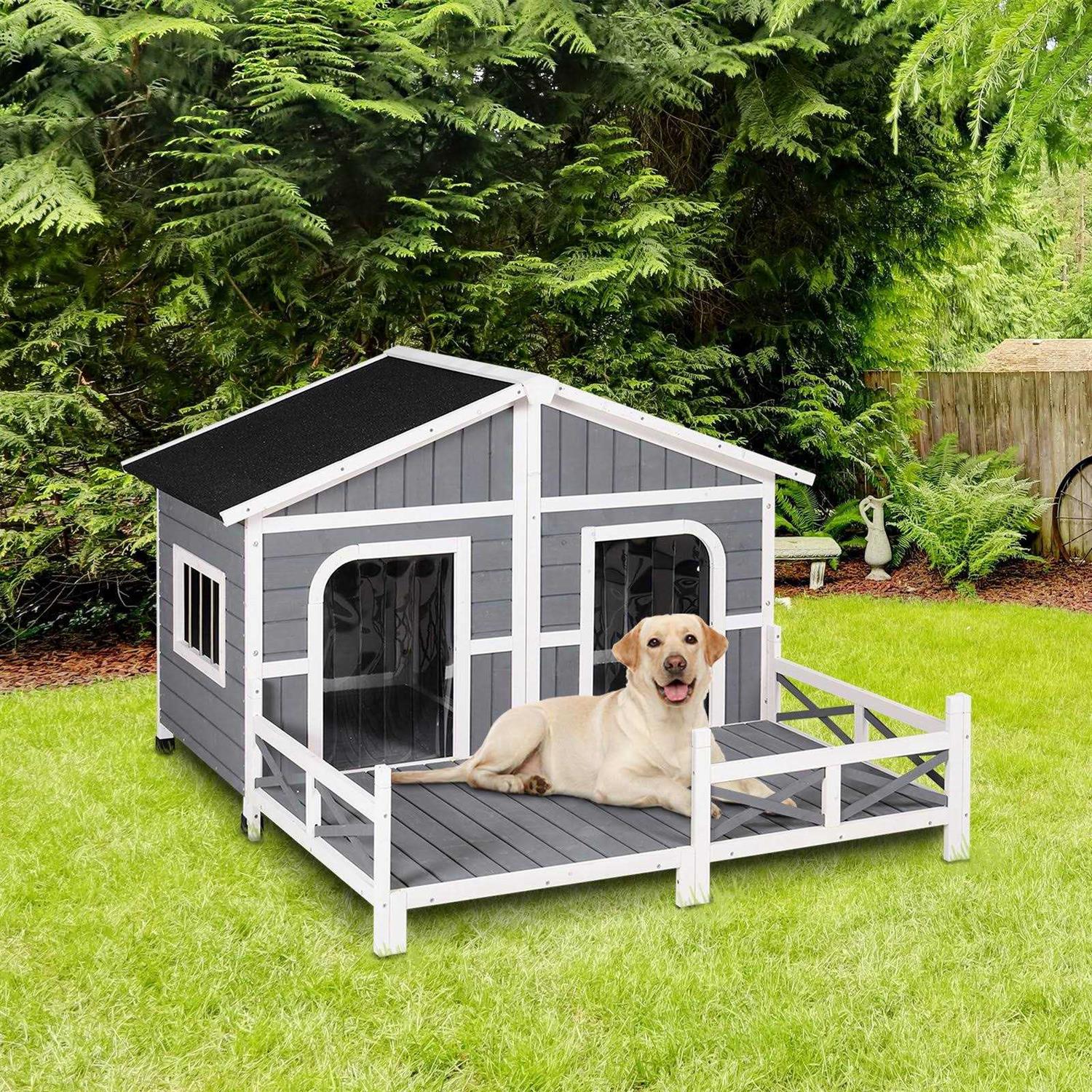PawHut 59x64x39 Wood Large Dog House Cabin Style Elevated Pet Shelter w/Porch Deck - Pet Supplies online store