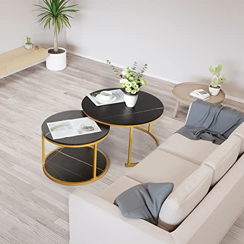 Nesting coffee table 2 sets, marble look wood side table, sturdy gold frame modern round coffee table for living room balcony office round table, easy to assemble(Black+black)