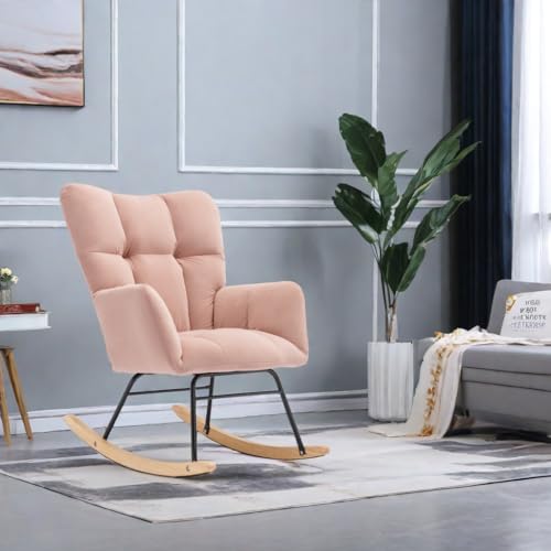 Modern Tufted Upholstered Nursery, Glider Rocker with High Backrest Rocking Chair, Yellow Velvet