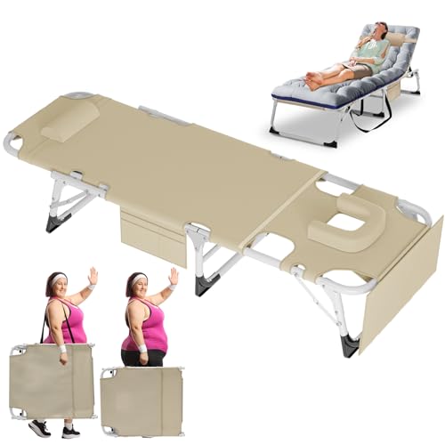H&ZT 3in1 Tanning Chair Beach Chaise Lounge with Face Hole, with Mattress, 450LB Heavy Duty Adjustable, Removable Pillow & Carry Handle, Sunbathing Chair for Patio, Poolside (tanning chair, Beige)