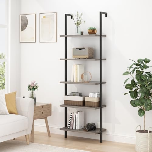 Karl home Ladder Shelf 5 Tier Wall Mounted Bookcase with Metal Frame, Open Design Shelves for Living Room, Bedroom, Home, Office, Oak Color (23.62